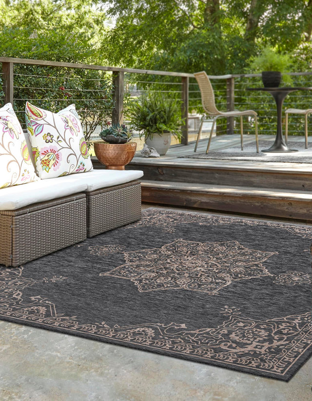 Charcoal Gray 10' x 10' Outdoor Traditional Square Area Rug Weather Resistant for Patio, Deck, Terrace, Balcony, Porch Classical Design Outside Carpet for Sale at Rug Engine