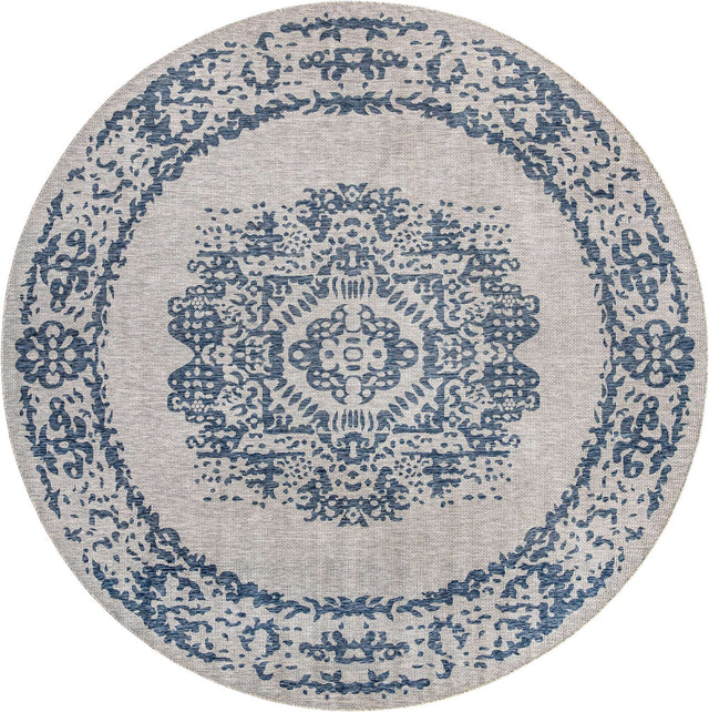 Blue 13' 1 x 13' 1 Outdoor Traditional Round Area Rug Weather Resistant for Patio, Deck, Terrace, Balcony, Porch Classical Design Outside Carpet for Sale at Rug Engine