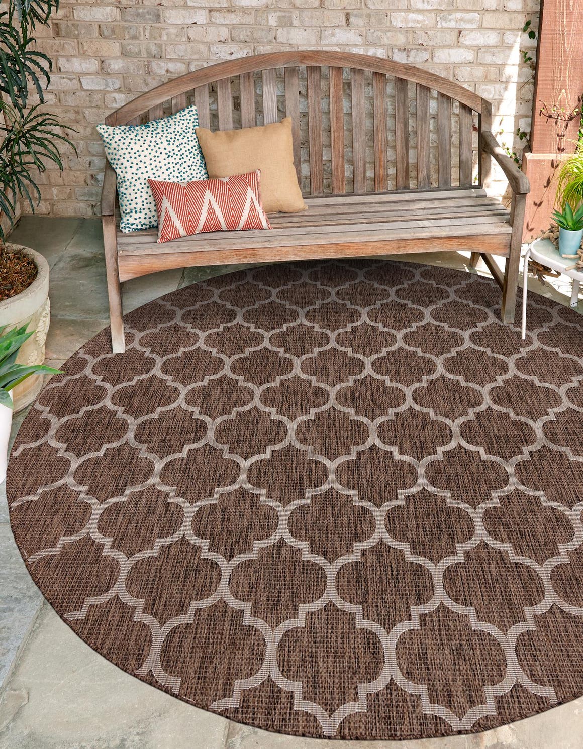 Brown 10' 8 x 10' 8 Outdoor Trellis Round Area Rug Weather Resistant for Patio, Deck, Terrace, Balcony, Porch Geometric Design Water Safe Outside Carpet for Sale at Rug Engine