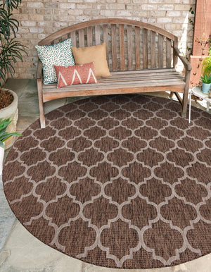 Brown 10' 8 x 10' 8 Outdoor Trellis Round Area Rug Weather Resistant for Patio, Deck, Terrace, Balcony, Porch Geometric Design Water Safe Outside Carpet for Sale at Rug Engine
