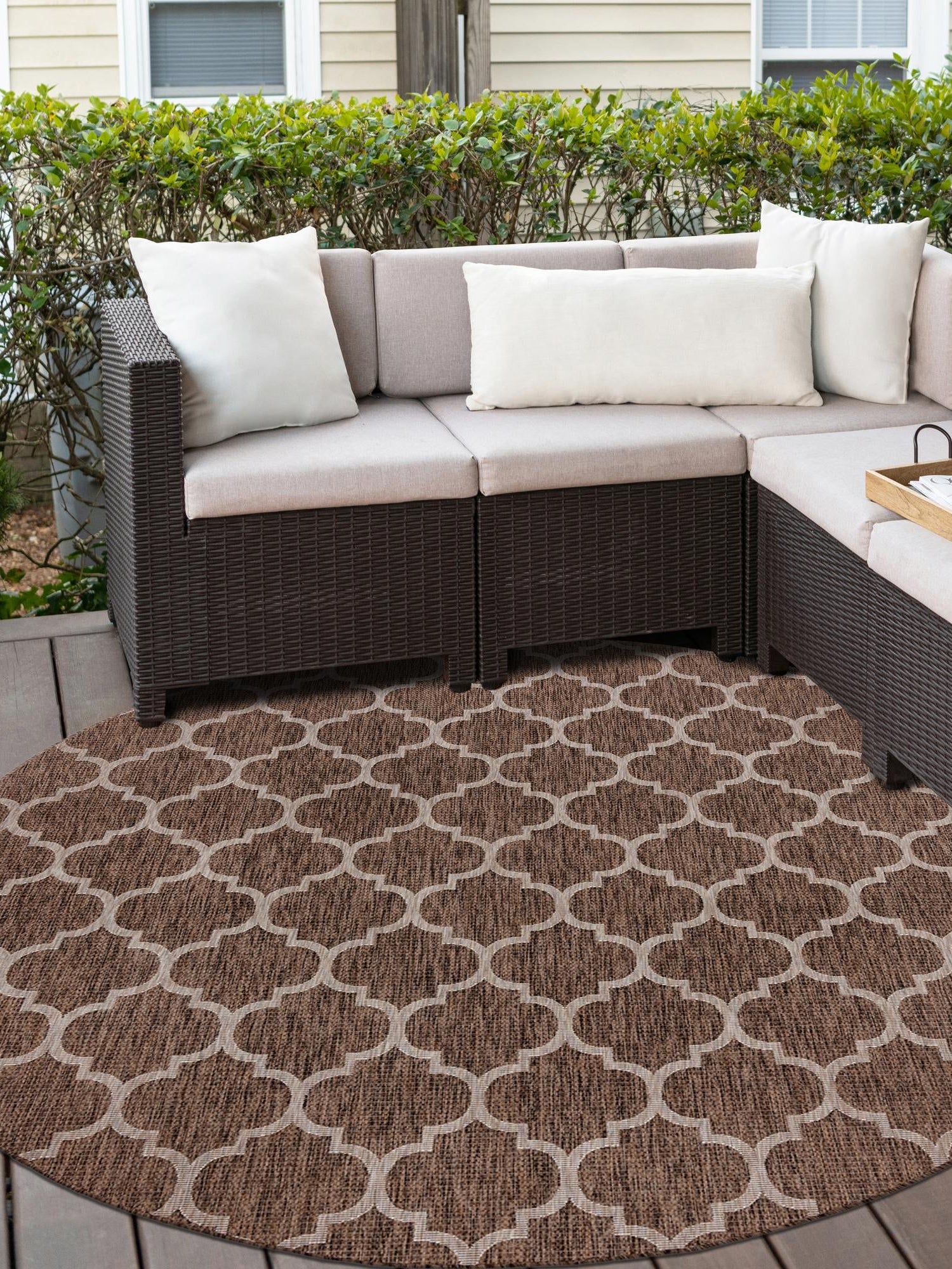 Brown 13' 1 x 13' 1 Outdoor Trellis Round Area Rug Weather Resistant for Patio, Deck, Terrace, Balcony, Porch Geometric Design Water Safe Outside Carpet for Sale at Rug Engine