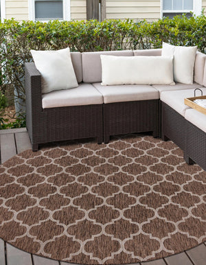 Brown 13' 1 x 13' 1 Outdoor Trellis Round Area Rug Weather Resistant for Patio, Deck, Terrace, Balcony, Porch Geometric Design Water Safe Outside Carpet for Sale at Rug Engine