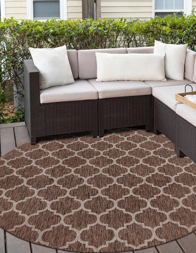Brown 13' 1 x 13' 1 Outdoor Trellis Round Area Rug Weather Resistant for Patio, Deck, Terrace, Balcony, Porch Geometric Design Water Safe Outside Carpet for Sale at Rug Engine