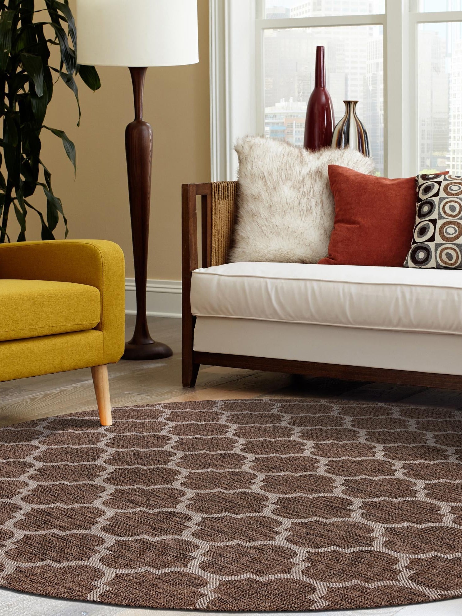 Brown 13' 1 x 13' 1 Outdoor Trellis Round Area Rug Weather Resistant for Patio, Deck, Terrace, Balcony, Porch Geometric Design Water Safe Outside Carpet for Sale at Rug Engine