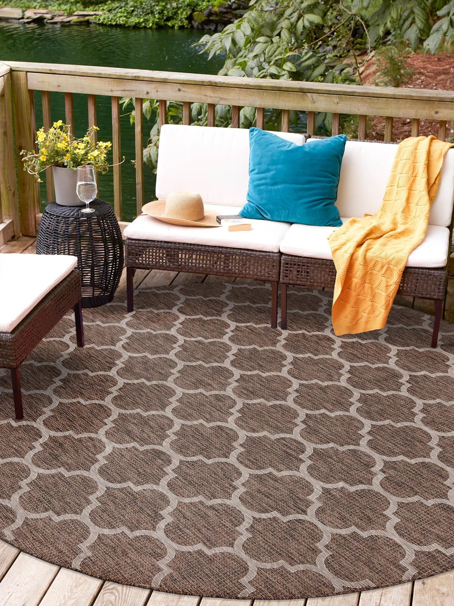 Brown 13' 1 x 13' 1 Outdoor Trellis Round Area Rug Weather Resistant for Patio, Deck, Terrace, Balcony, Porch Geometric Design Water Safe Outside Carpet for Sale at Rug Engine