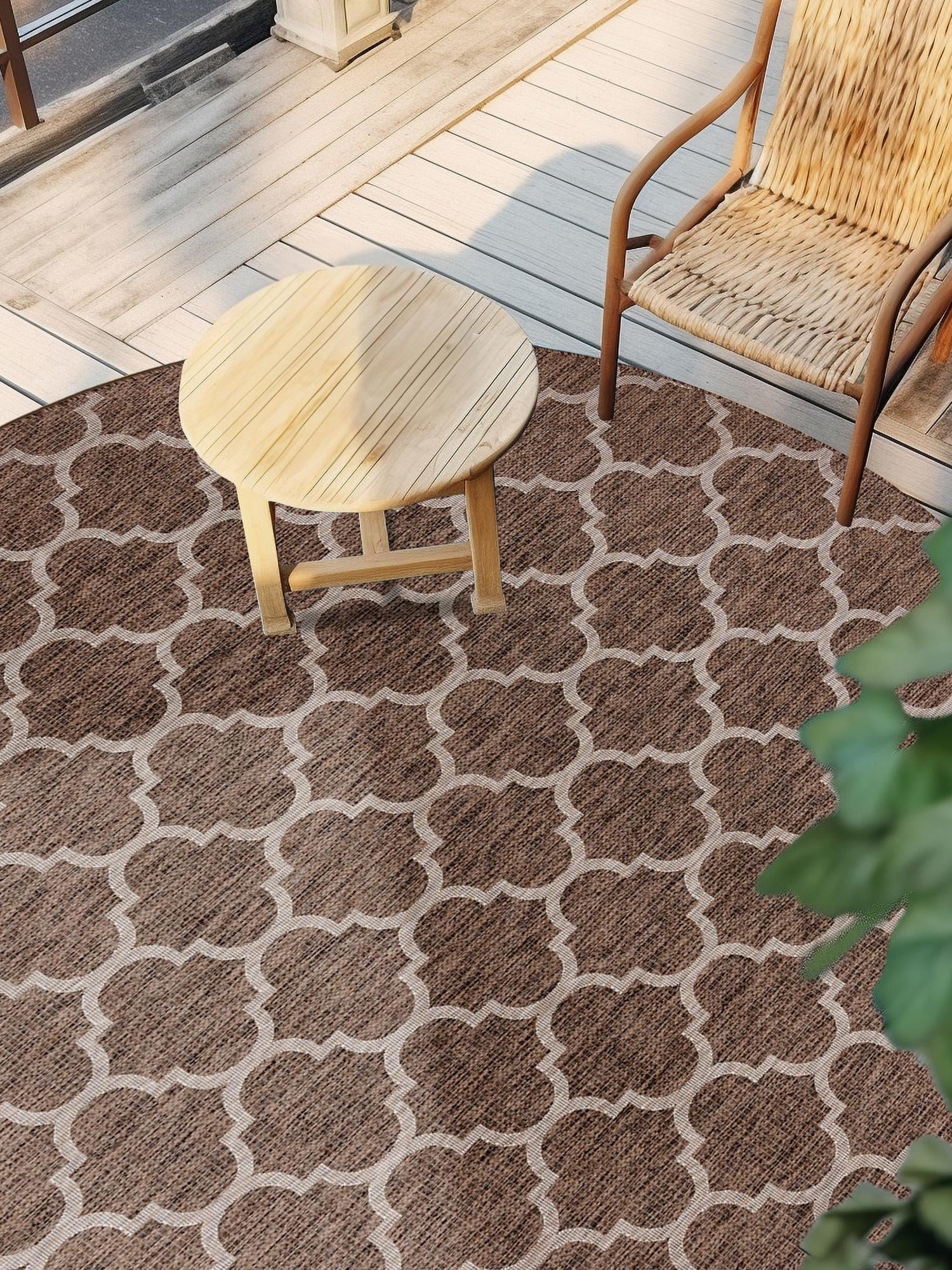 Brown 13' 1 x 13' 1 Outdoor Trellis Round Area Rug Weather Resistant for Patio, Deck, Terrace, Balcony, Porch Geometric Design Water Safe Outside Carpet for Sale at Rug Engine