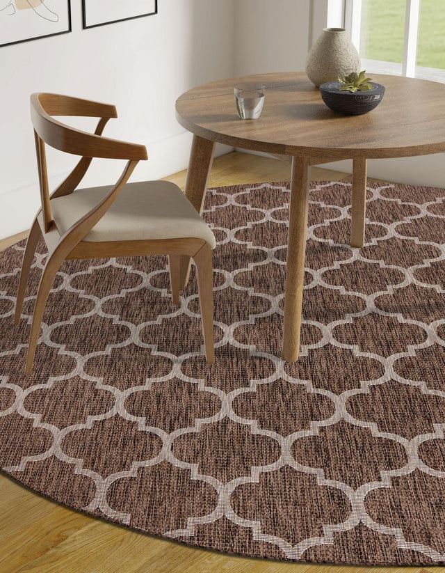 Brown 10' 8 x 10' 8 Outdoor Trellis Round Area Rug Weather Resistant for Patio, Deck, Terrace, Balcony, Porch Geometric Design Water Safe Outside Carpet for Sale at Rug Engine