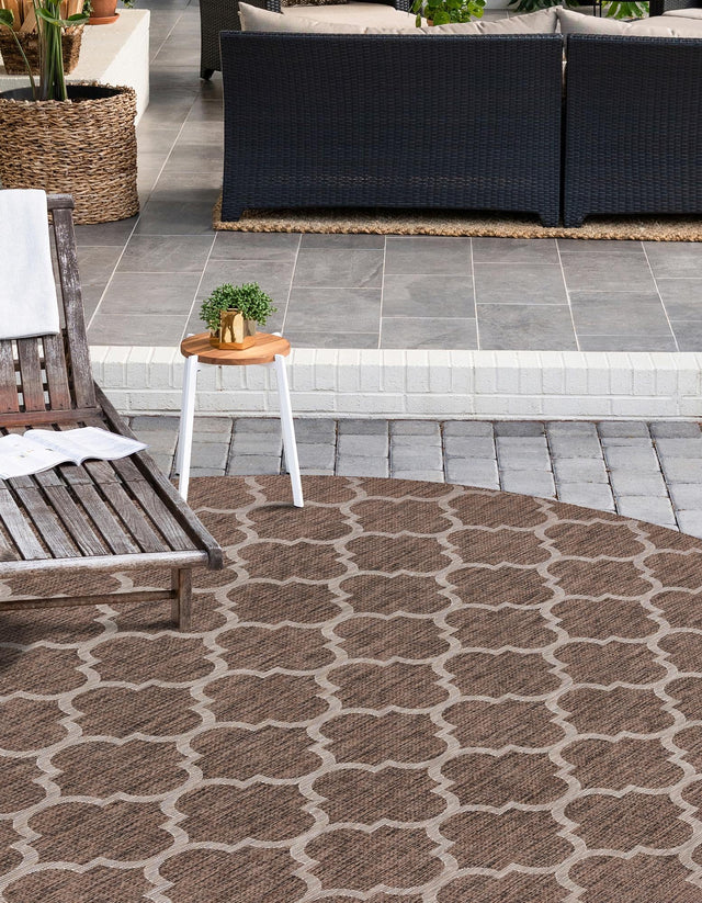 Brown 10' 8 x 10' 8 Outdoor Trellis Round Area Rug Weather Resistant for Patio, Deck, Terrace, Balcony, Porch Geometric Design Water Safe Outside Carpet for Sale at Rug Engine