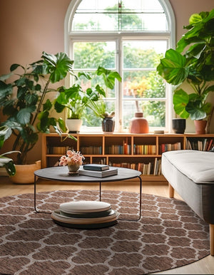 Brown 10' 8 x 10' 8 Outdoor Trellis Round Area Rug Weather Resistant for Patio, Deck, Terrace, Balcony, Porch Geometric Design Water Safe Outside Carpet for Sale at Rug Engine