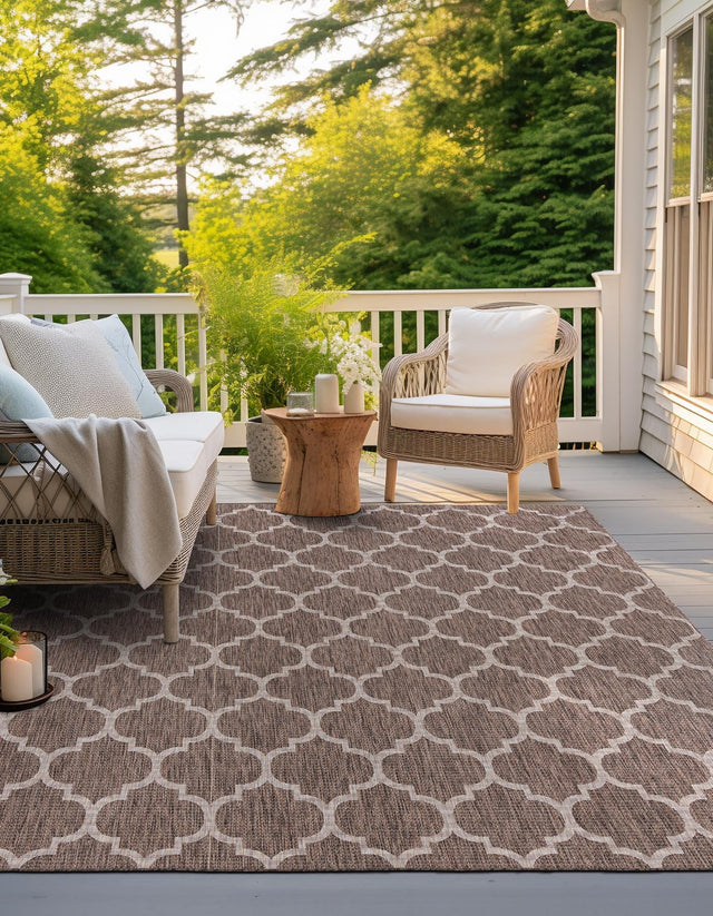 Brown 13' 1 x 13' 1 Outdoor Trellis Square Area Rug Weather Resistant for Patio, Deck, Terrace, Balcony, Porch Geometric Design Water Safe Outside Carpet for Sale at Rug Engine