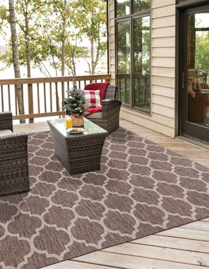 Brown 13' 1 x 13' 1 Outdoor Trellis Square Area Rug Weather Resistant for Patio, Deck, Terrace, Balcony, Porch Geometric Design Water Safe Outside Carpet for Sale at Rug Engine