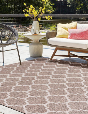 Brown 13' 1 x 13' 1 Outdoor Trellis Square Area Rug Weather Resistant for Patio, Deck, Terrace, Balcony, Porch Geometric Design Water Safe Outside Carpet for Sale at Rug Engine