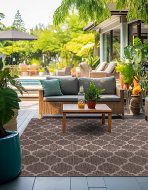 Brown 13' 1 x 13' 1 Outdoor Trellis Square Area Rug Weather Resistant for Patio, Deck, Terrace, Balcony, Porch Geometric Design Water Safe Outside Carpet for Sale at Rug Engine