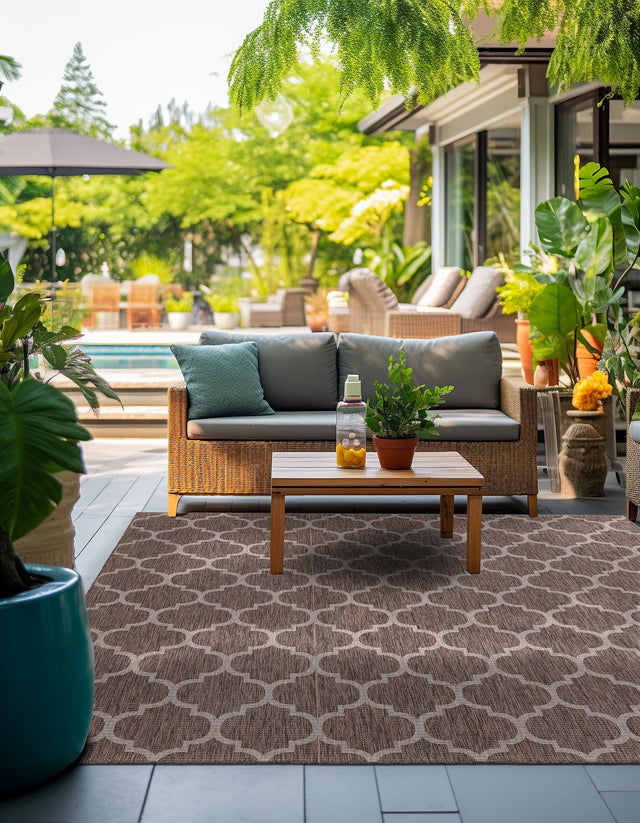 Brown 13' 1 x 13' 1 Outdoor Trellis Square Area Rug Weather Resistant for Patio, Deck, Terrace, Balcony, Porch Geometric Design Water Safe Outside Carpet for Sale at Rug Engine