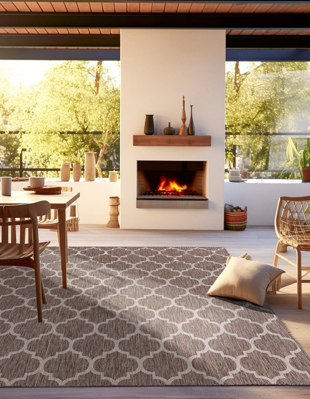 Brown 13' 1 x 13' 1 Outdoor Trellis Square Area Rug Weather Resistant for Patio, Deck, Terrace, Balcony, Porch Geometric Design Water Safe Outside Carpet for Sale at Rug Engine