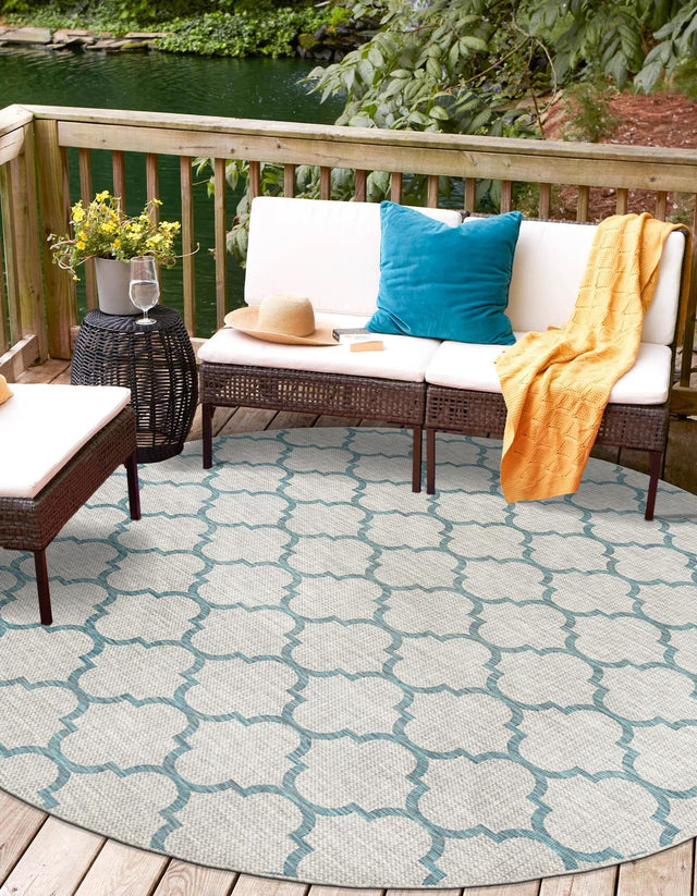Gray 10' 8 x 10' 8 Outdoor Trellis Round Area Rug Weather Resistant for Patio, Deck, Terrace, Balcony, Porch Geometric Design Water Safe Outside Carpet for Sale at Rug Engine