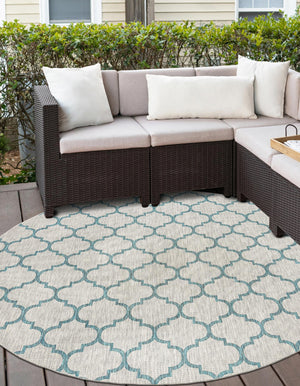 Gray 13' 1 x 13' 1 Outdoor Trellis Round Area Rug Weather Resistant for Patio, Deck, Terrace, Balcony, Porch Geometric Design Water Safe Outside Carpet for Sale at Rug Engine