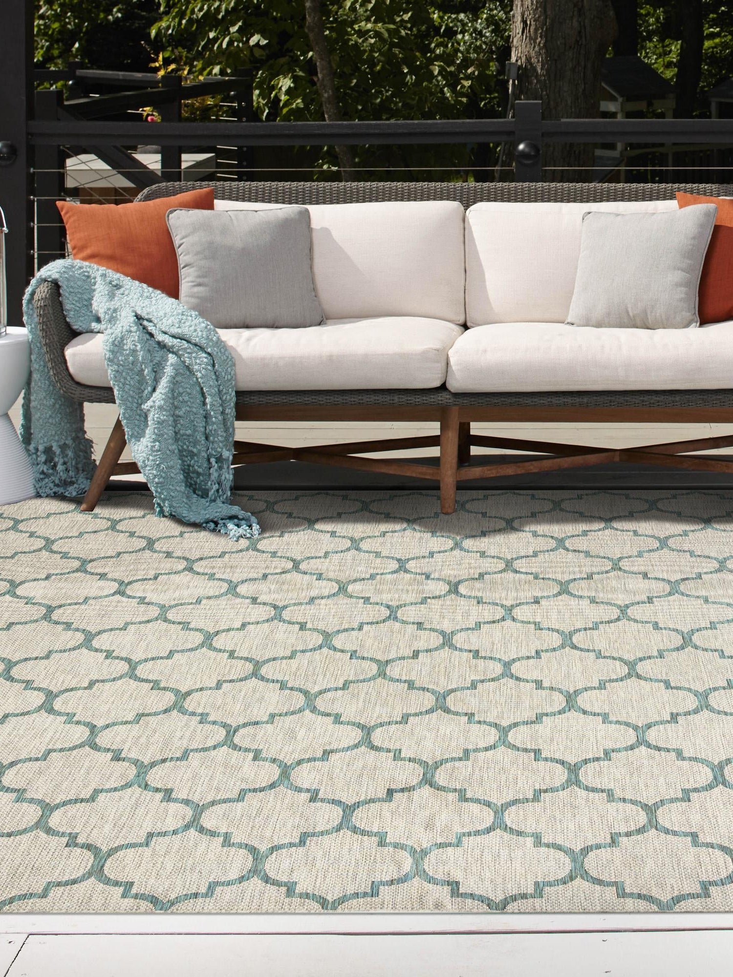Gray 10' 8 x 10' 8 Outdoor Trellis Square Area Rug Weather Resistant for Patio, Deck, Terrace, Balcony, Porch Geometric Design Water Safe Outside Carpet for Sale at Rug Engine