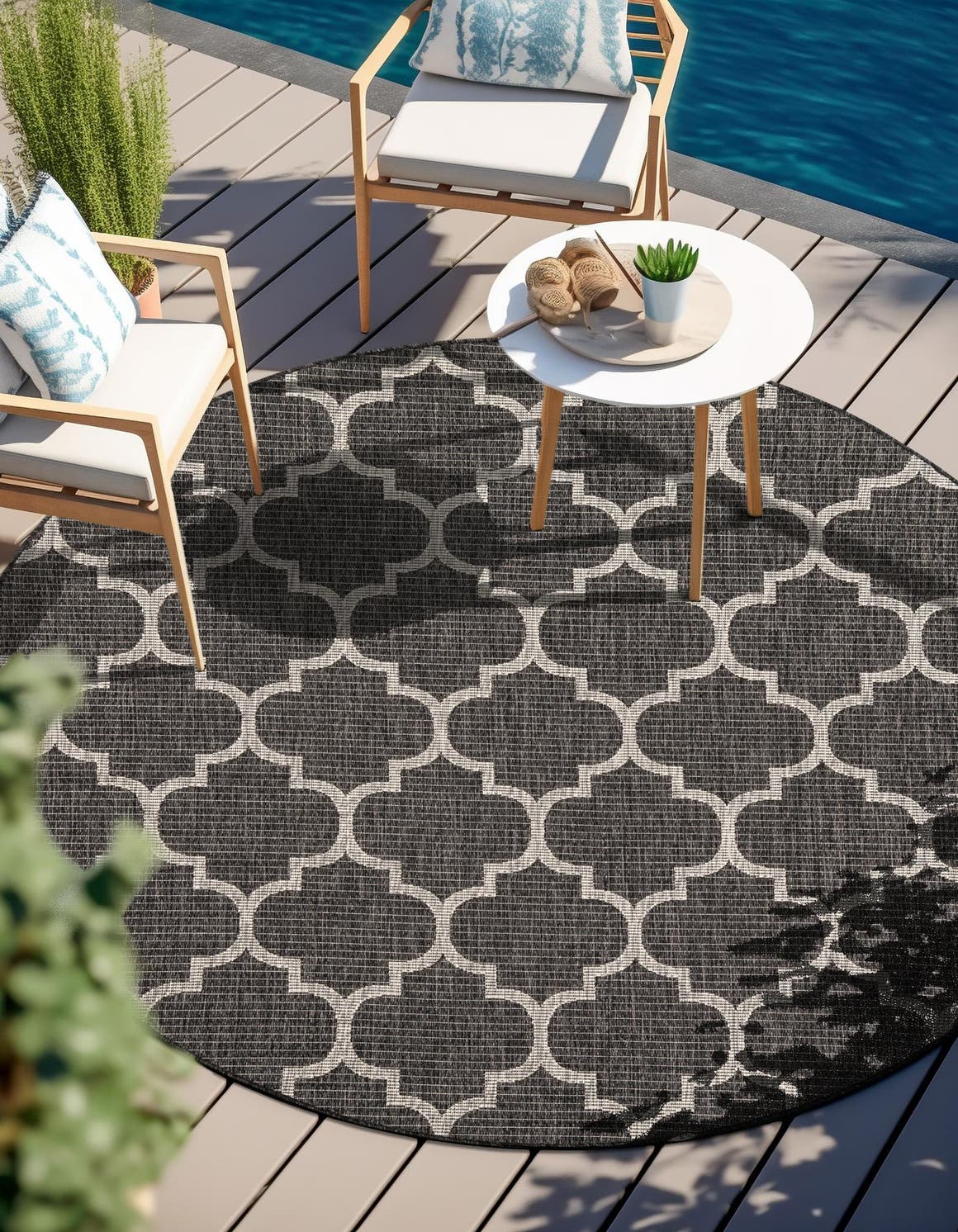 Black 13' 1 x 13' 1 Outdoor Trellis Round Area Rug Weather Resistant for Patio, Deck, Terrace, Balcony, Porch Geometric Design Water Safe Outside Carpet for Sale at Rug Engine