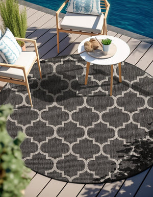 Black 13' 1 x 13' 1 Outdoor Trellis Round Area Rug Weather Resistant for Patio, Deck, Terrace, Balcony, Porch Geometric Design Water Safe Outside Carpet for Sale at Rug Engine