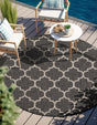 Black 10' 8 x 10' 8 Outdoor Trellis Round Area Rug Weather Resistant for Patio, Deck, Terrace, Balcony, Porch Geometric Design Water Safe Outside Carpet for Sale at Rug Engine