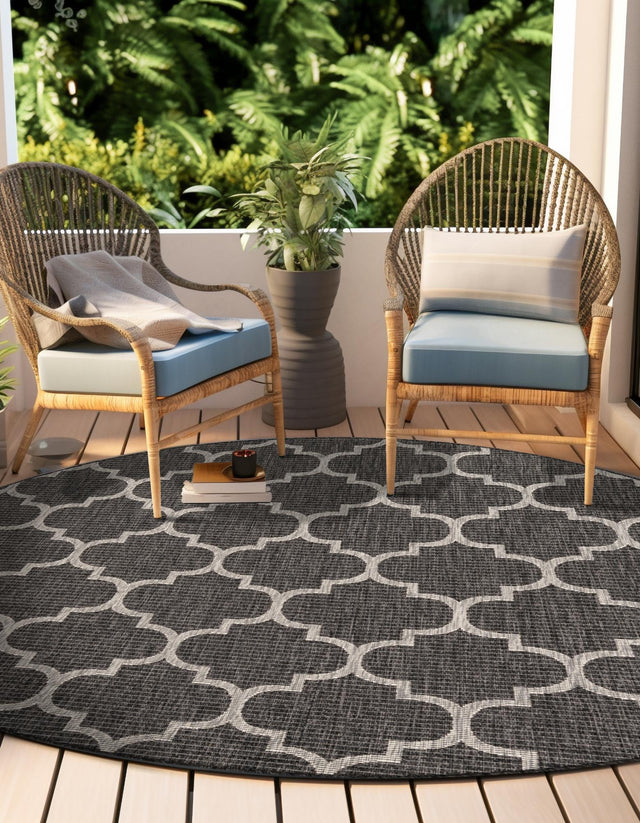 Black 13' 1 x 13' 1 Outdoor Trellis Round Area Rug Weather Resistant for Patio, Deck, Terrace, Balcony, Porch Geometric Design Water Safe Outside Carpet for Sale at Rug Engine