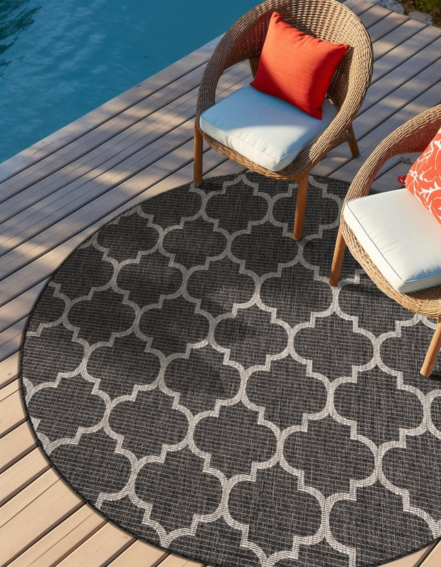 Black 6' 1 x 6' 1 Outdoor Trellis Round Area Rug Weather Resistant for Patio, Deck, Terrace, Balcony, Porch Geometric Design Water Safe Outside Carpet for Sale at Rug Engine
