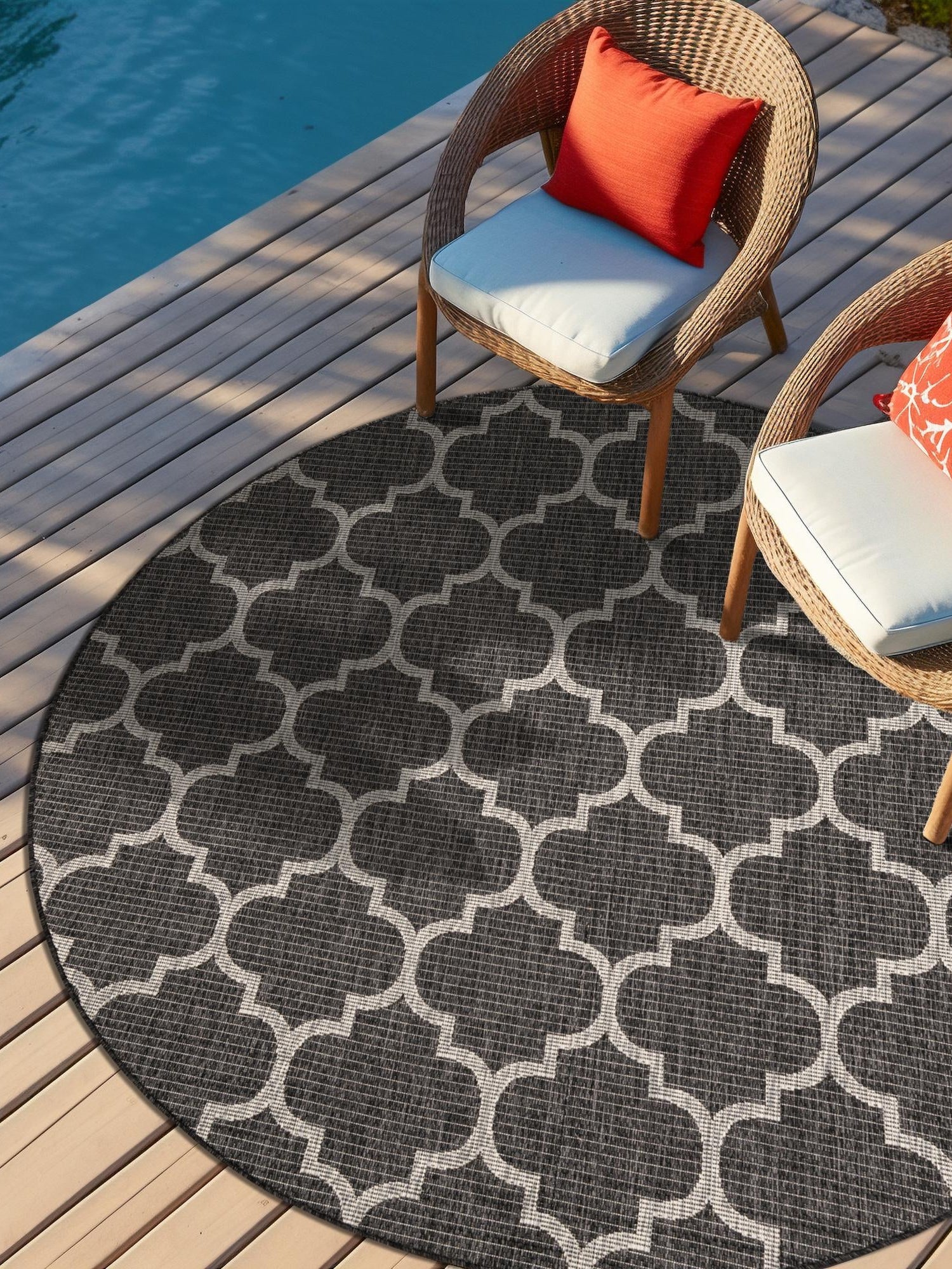 Black 10' 8 x 10' 8 Outdoor Trellis Round Area Rug Weather Resistant for Patio, Deck, Terrace, Balcony, Porch Geometric Design Water Safe Outside Carpet for Sale at Rug Engine