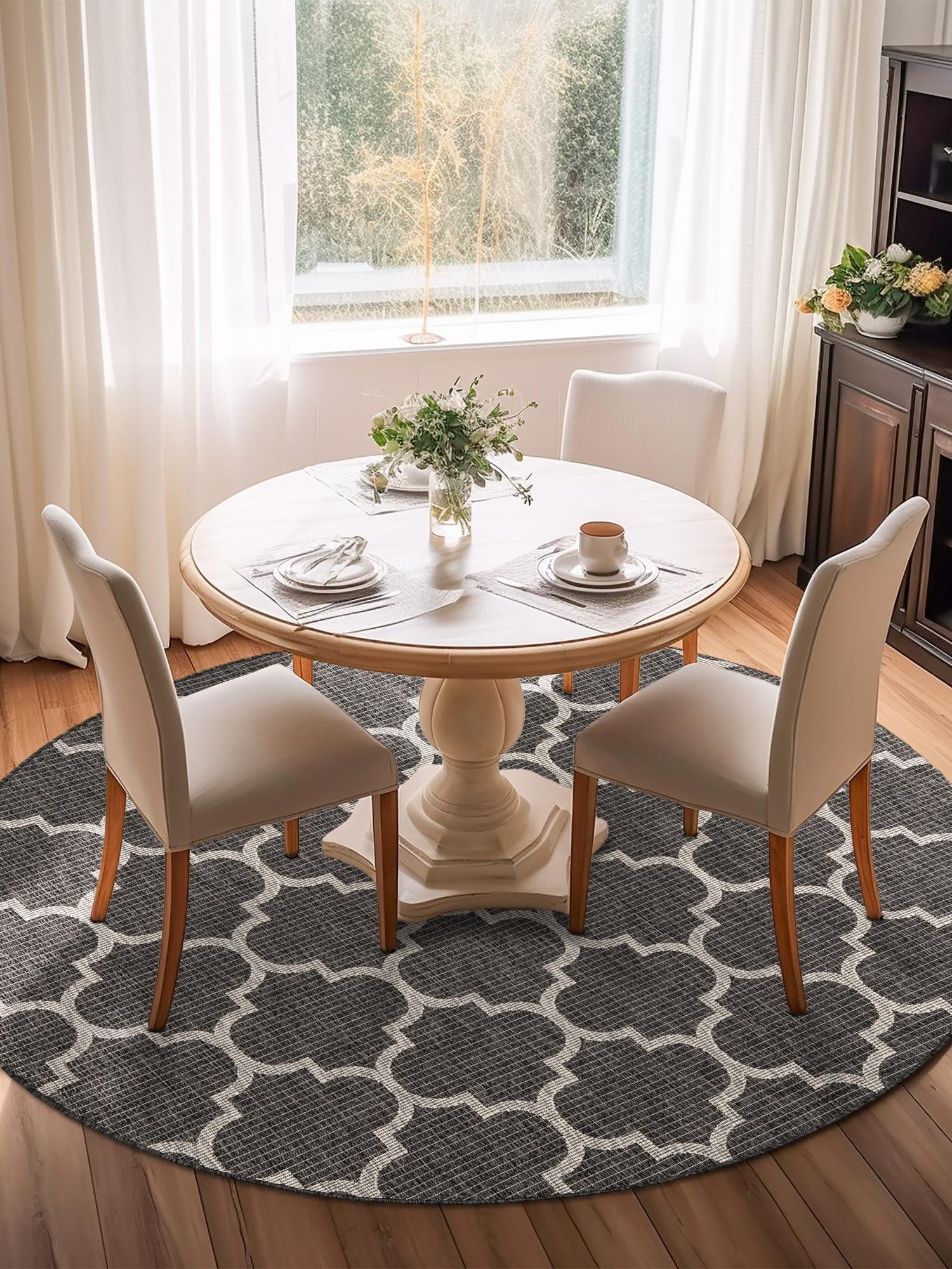 Black 13' 1 x 13' 1 Outdoor Trellis Round Area Rug Weather Resistant for Patio, Deck, Terrace, Balcony, Porch Geometric Design Water Safe Outside Carpet for Sale at Rug Engine