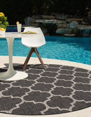 Black 6' 1 x 6' 1 Outdoor Trellis Round Area Rug Weather Resistant for Patio, Deck, Terrace, Balcony, Porch Geometric Design Water Safe Outside Carpet for Sale at Rug Engine
