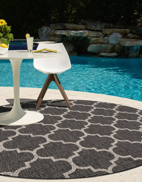 Black 13' 1 x 13' 1 Outdoor Trellis Round Area Rug Weather Resistant for Patio, Deck, Terrace, Balcony, Porch Geometric Design Water Safe Outside Carpet for Sale at Rug Engine
