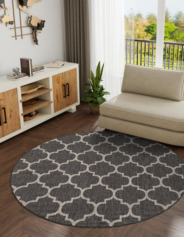 Black 6' 1 x 6' 1 Outdoor Trellis Round Area Rug Weather Resistant for Patio, Deck, Terrace, Balcony, Porch Geometric Design Water Safe Outside Carpet for Sale at Rug Engine