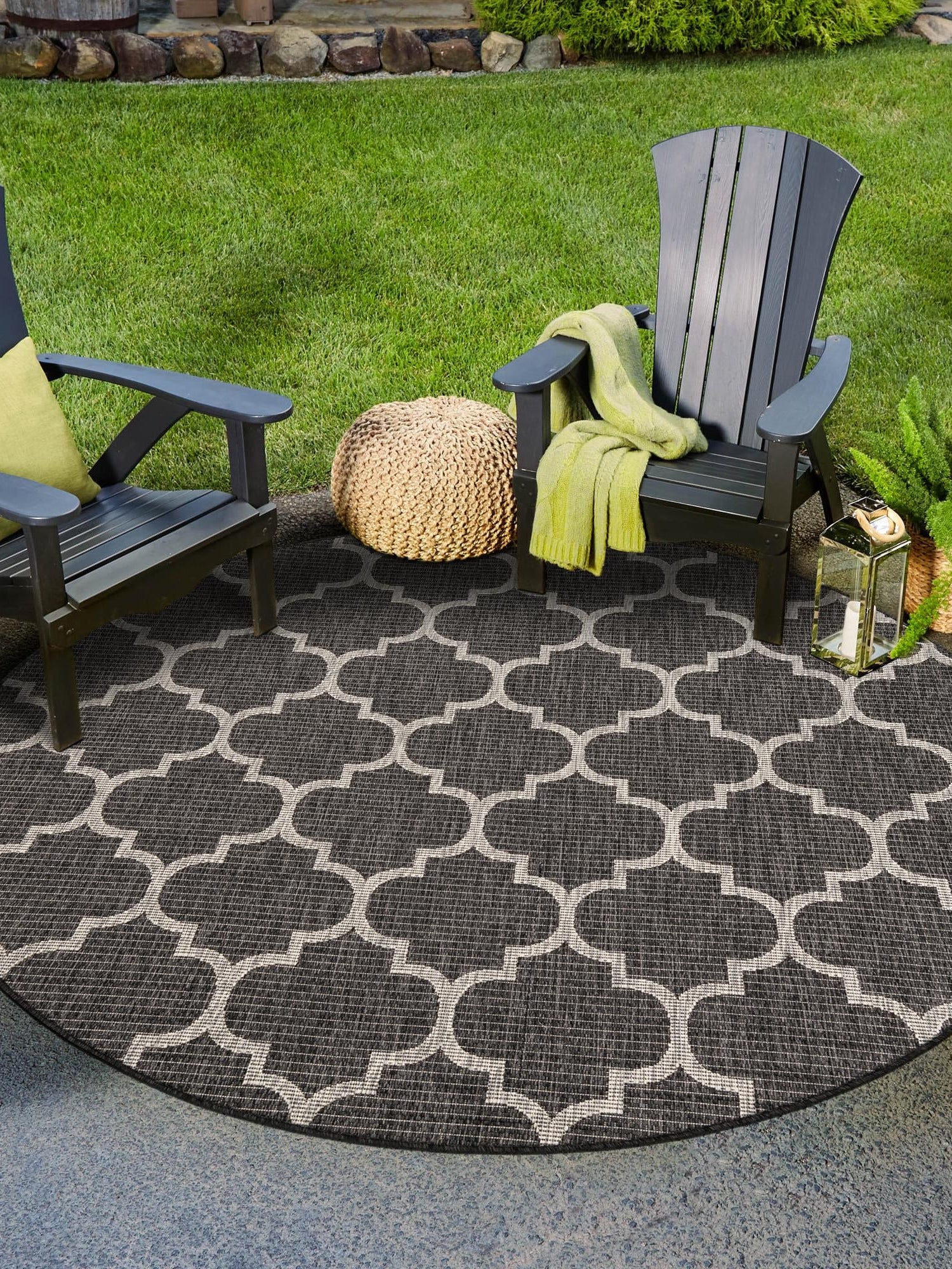 Black 10' 8 x 10' 8 Outdoor Trellis Round Area Rug Weather Resistant for Patio, Deck, Terrace, Balcony, Porch Geometric Design Water Safe Outside Carpet for Sale at Rug Engine
