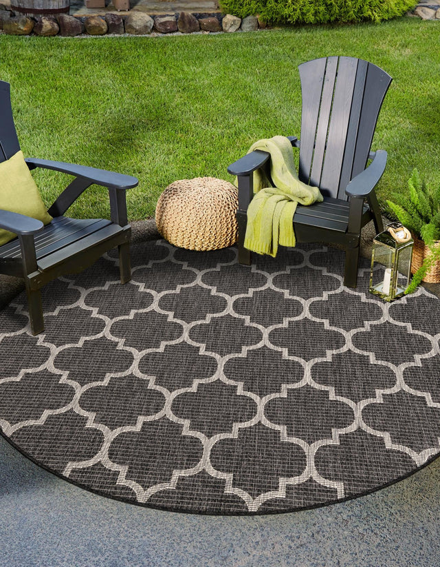 Black 10' 8 x 10' 8 Outdoor Trellis Round Area Rug Weather Resistant for Patio, Deck, Terrace, Balcony, Porch Geometric Design Water Safe Outside Carpet for Sale at Rug Engine