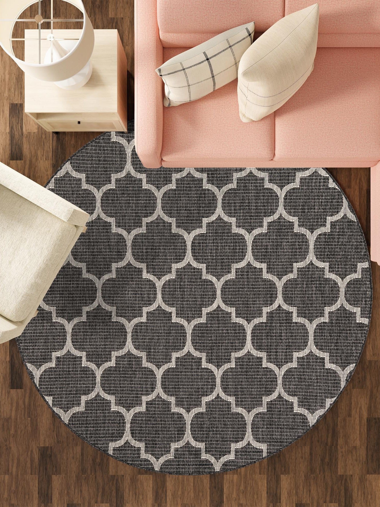 Black 10' 8 x 10' 8 Outdoor Trellis Round Area Rug Weather Resistant for Patio, Deck, Terrace, Balcony, Porch Geometric Design Water Safe Outside Carpet for Sale at Rug Engine