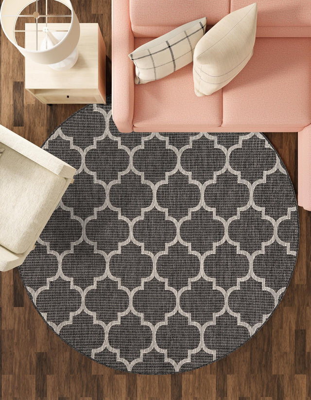 Black 10' 8 x 10' 8 Outdoor Trellis Round Area Rug Weather Resistant for Patio, Deck, Terrace, Balcony, Porch Geometric Design Water Safe Outside Carpet for Sale at Rug Engine