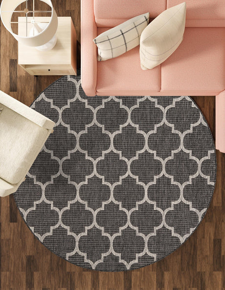 Black 13' 1 x 13' 1 Outdoor Trellis Round Area Rug Weather Resistant for Patio, Deck, Terrace, Balcony, Porch Geometric Design Water Safe Outside Carpet for Sale at Rug Engine