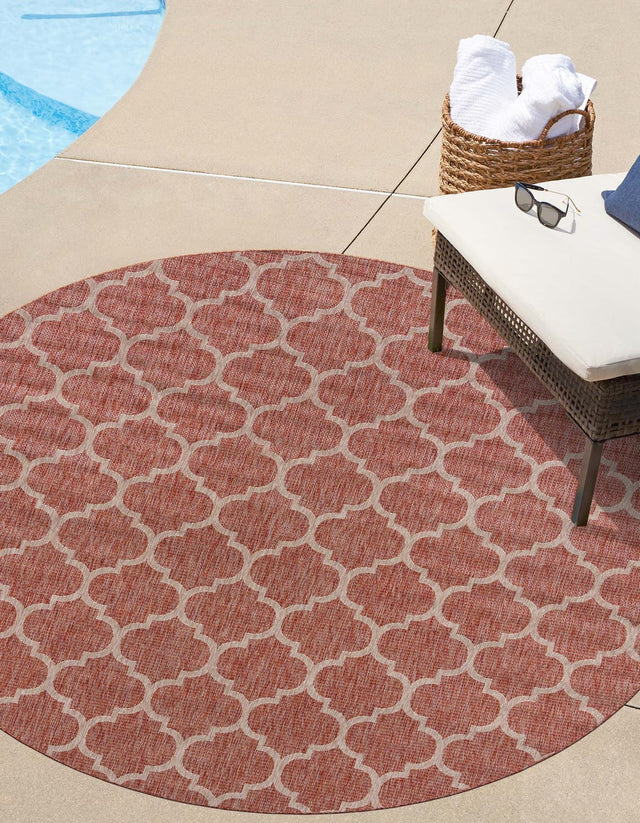 Rust Red 10' 8 x 10' 8 Outdoor Trellis Round Area Rug Weather Resistant for Patio, Deck, Terrace, Balcony, Porch Geometric Design Water Safe Outside Carpet for Sale at Rug Engine