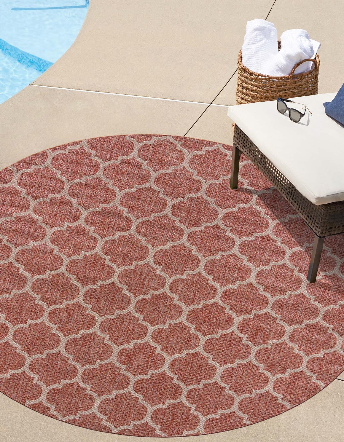 Rust Red 13' 1 x 13' 1 Outdoor Trellis Round Area Rug Weather Resistant for Patio, Deck, Terrace, Balcony, Porch Geometric Design Water Safe Outside Carpet for Sale at Rug Engine