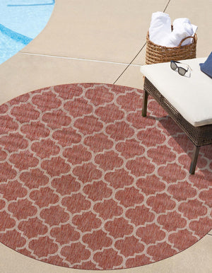 Rust Red 13' 1 x 13' 1 Outdoor Trellis Round Area Rug Weather Resistant for Patio, Deck, Terrace, Balcony, Porch Geometric Design Water Safe Outside Carpet for Sale at Rug Engine