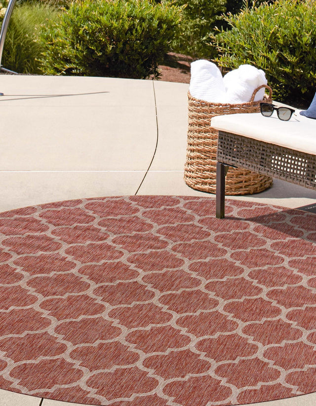 Rust Red 13' 1 x 13' 1 Outdoor Trellis Round Area Rug Weather Resistant for Patio, Deck, Terrace, Balcony, Porch Geometric Design Water Safe Outside Carpet for Sale at Rug Engine