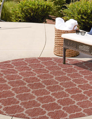 Rust Red 10' 8 x 10' 8 Outdoor Trellis Round Area Rug Weather Resistant for Patio, Deck, Terrace, Balcony, Porch Geometric Design Water Safe Outside Carpet for Sale at Rug Engine