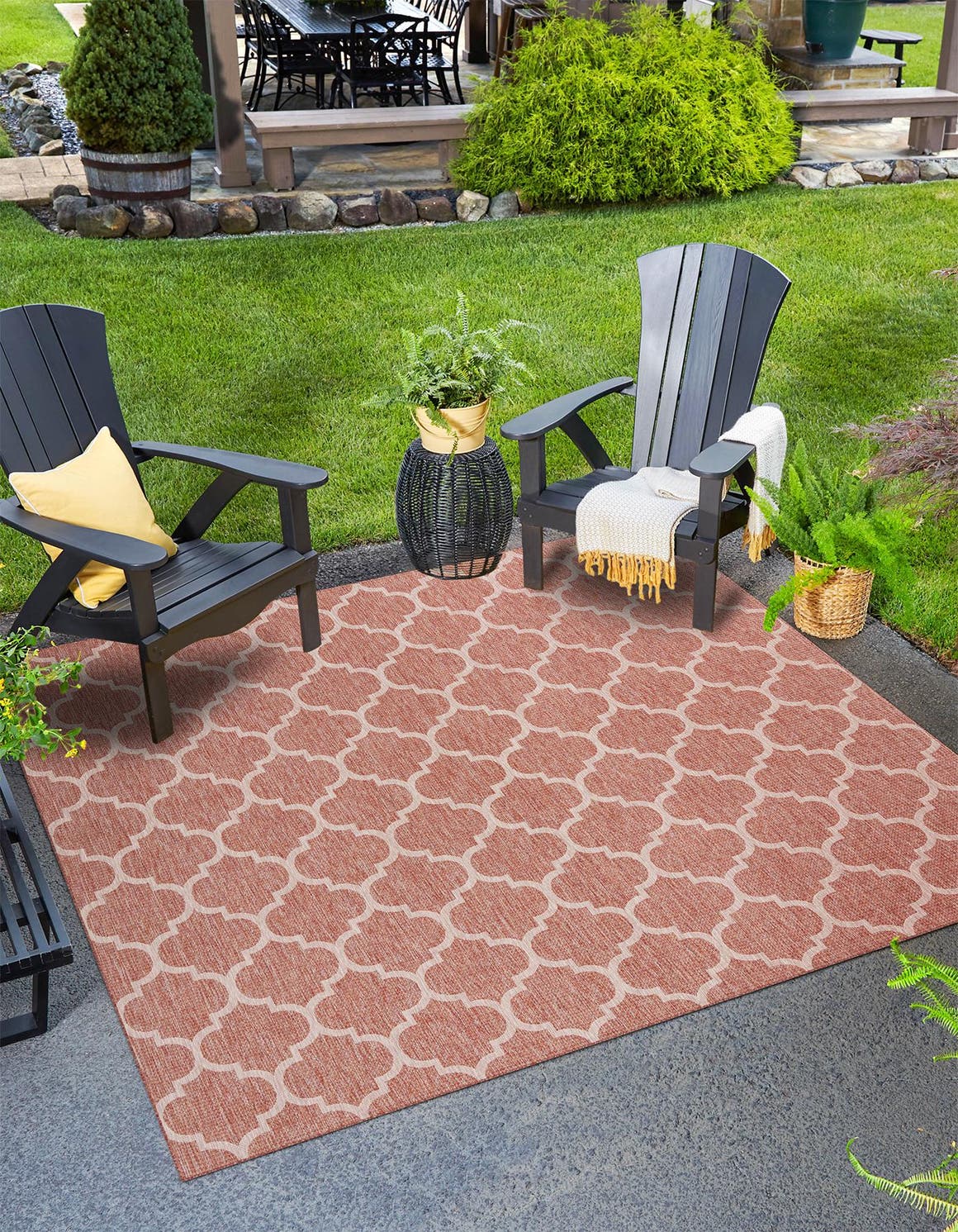 Rust Red 13' 1 x 13' 1 Outdoor Trellis Square Area Rug Weather Resistant for Patio, Deck, Terrace, Balcony, Porch Geometric Design Water Safe Outside Carpet for Sale at Rug Engine