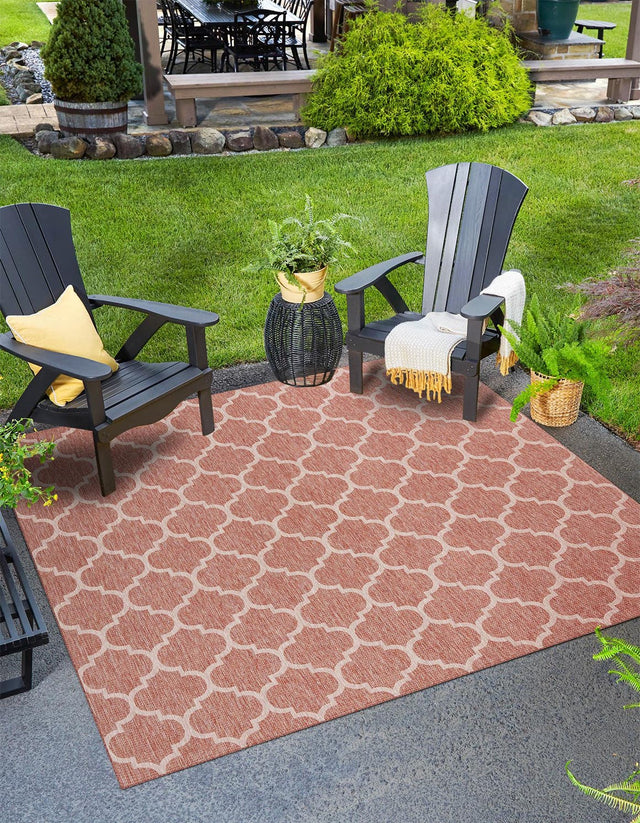 Rust Red 13' 1 x 13' 1 Outdoor Trellis Square Area Rug Weather Resistant for Patio, Deck, Terrace, Balcony, Porch Geometric Design Water Safe Outside Carpet for Sale at Rug Engine
