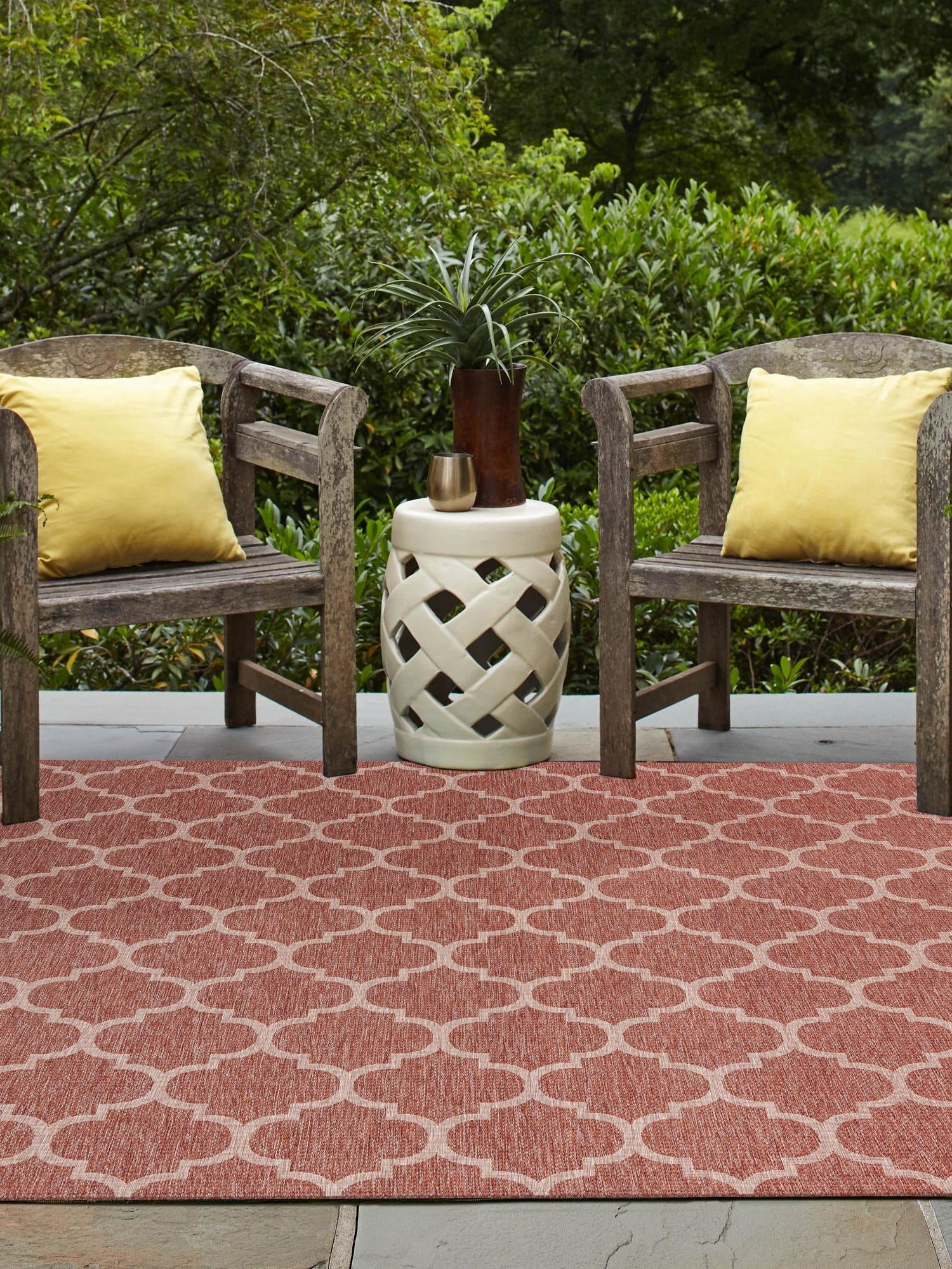 Rust Red 10' 8 x 10' 8 Outdoor Trellis Square Area Rug Weather Resistant for Patio, Deck, Terrace, Balcony, Porch Geometric Design Water Safe Outside Carpet for Sale at Rug Engine
