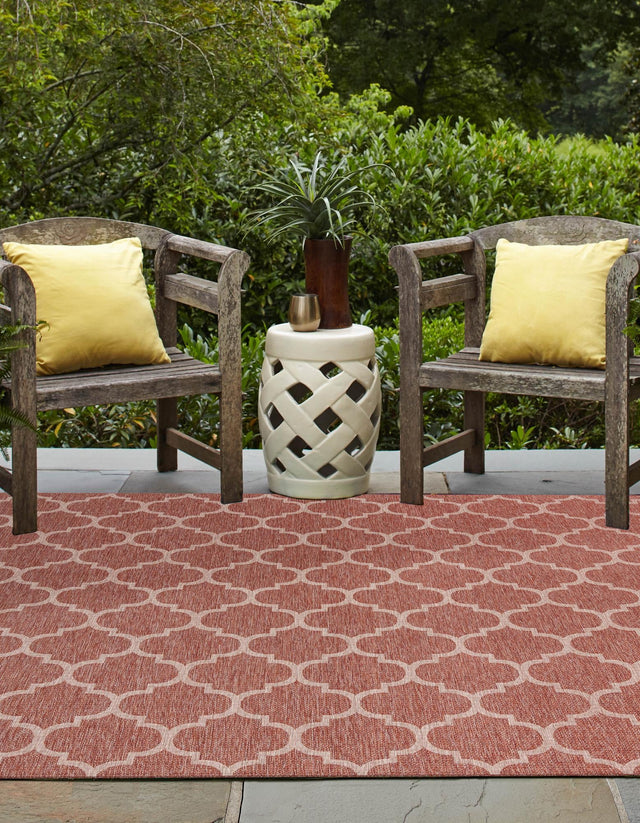 Rust Red 10' 8 x 10' 8 Outdoor Trellis Square Area Rug Weather Resistant for Patio, Deck, Terrace, Balcony, Porch Geometric Design Water Safe Outside Carpet for Sale at Rug Engine
