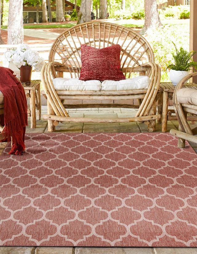 Rust Red 13' 1 x 13' 1 Outdoor Trellis Square Area Rug Weather Resistant for Patio, Deck, Terrace, Balcony, Porch Geometric Design Water Safe Outside Carpet for Sale at Rug Engine