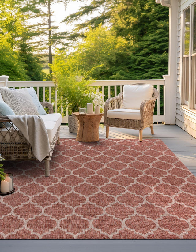 Rust Red 10' 8 x 10' 8 Outdoor Trellis Square Area Rug Weather Resistant for Patio, Deck, Terrace, Balcony, Porch Geometric Design Water Safe Outside Carpet for Sale at Rug Engine