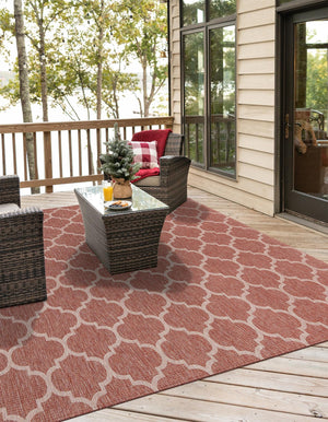 Rust Red 10' 8 x 10' 8 Outdoor Trellis Square Area Rug Weather Resistant for Patio, Deck, Terrace, Balcony, Porch Geometric Design Water Safe Outside Carpet for Sale at Rug Engine