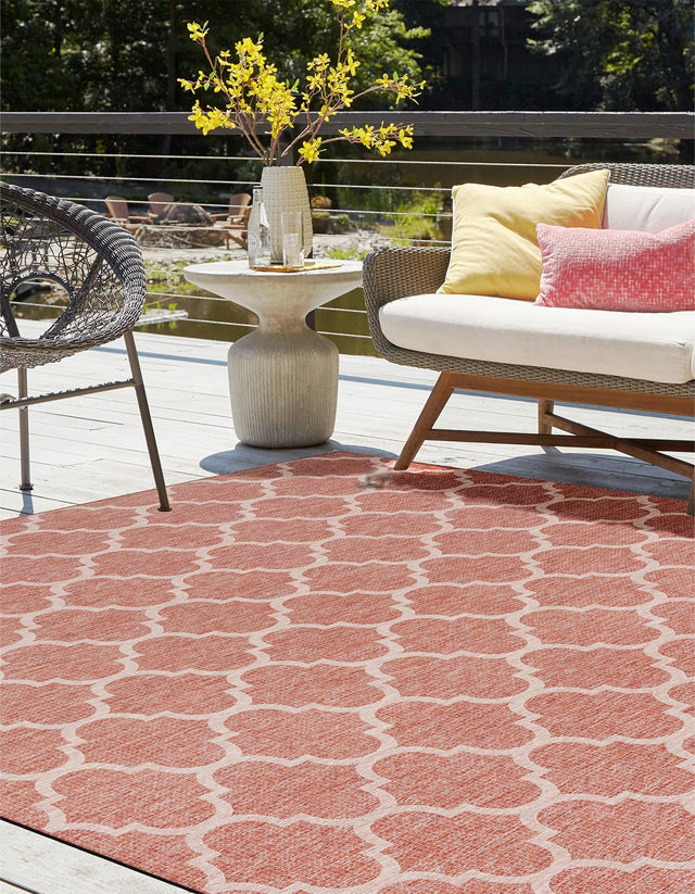 Rust Red 10' 8 x 10' 8 Outdoor Trellis Square Area Rug Weather Resistant for Patio, Deck, Terrace, Balcony, Porch Geometric Design Water Safe Outside Carpet for Sale at Rug Engine